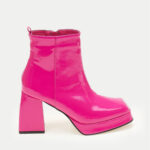 Γυναικεία Μποτάκια Λουστρίνι με Χοντρό Τακούνι- ΦΟΥΞΙΑ