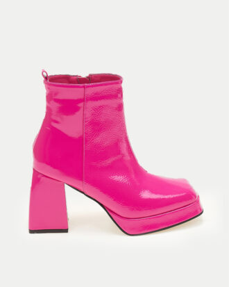 Γυναικεία Μποτάκια Λουστρίνι με Χοντρό Τακούνι- ΦΟΥΞΙΑ