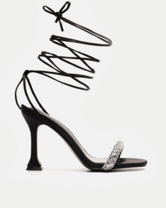 Πέδιλα Σατέν με Ιδιαίτερο Τακούνι & Strass- ΜΑΥΡΟ