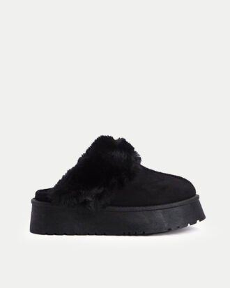 Παντόφλες Δίσολες με Γούνα -ΜΑΥΡΟ