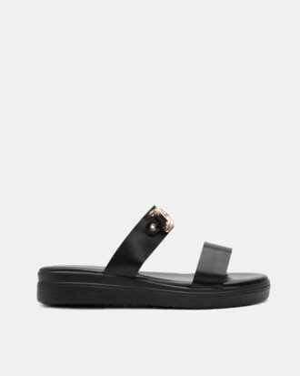 Σανδάλια Flatform με Λεπτές Φάσες & Διακοσμητική Αλυσίδα- ΜΑΥΡΟ